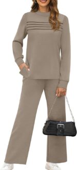 WIHOLL Two Piece Sets for Women Fall Travel Vacation Outfits Long Sleeve Lounge Sets Side Slit Wide Leg Pants S-3XL - Image 3