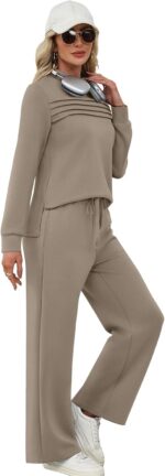 WIHOLL Two Piece Sets for Women Fall Travel Vacation Outfits Long Sleeve Lounge Sets Side Slit Wide Leg Pants S-3XL - Image 5