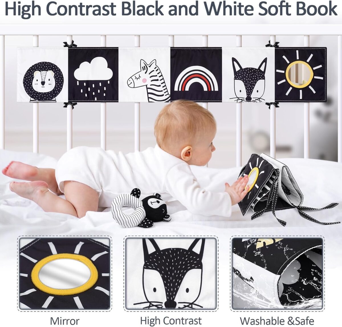 Joyreal High Contrast Baby Toys for Newborn, Black and White Baby Sensory Toys with Car Seat Toys,Infant Toys with Black White Cards Book, Montessori Toys for Baby Gifts - Image 5
