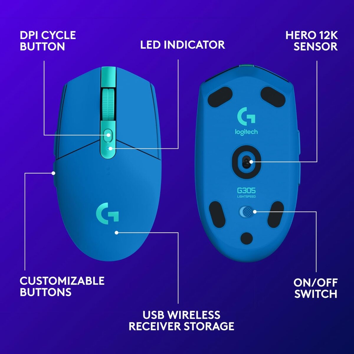 Logitech G305 LIGHTSPEED Wireless Gaming Mouse, Hero 12K Sensor, 12,000 DPI, Lightweight, 6 Programmable Buttons, 250h Battery Life, On-Board Memory, PC/Mac - Blue - Image 7