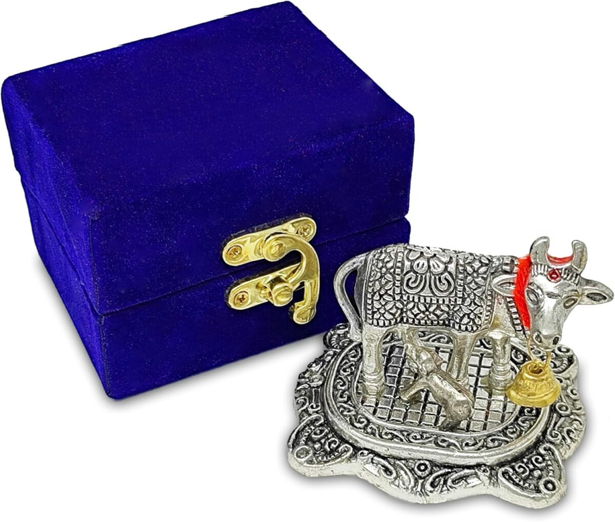 NOBILITY Pooja Items Diwali Gift Silver Antique Small Kamdhenu Cow and Calf with Blue Box Metal Statue Decorative Item Showpiece for Home Office Decoration Wedding Return Gifts - Image 3