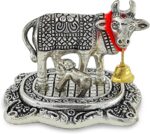 NOBILITY Pooja Items Diwali Gift Silver Antique Small Kamdhenu Cow and Calf with Blue Box Metal Statue Decorative Item Showpiece for Home Office Decoration Wedding Return Gifts - Image 4