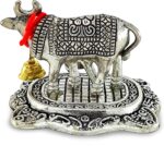 NOBILITY Pooja Items Diwali Gift Silver Antique Small Kamdhenu Cow and Calf with Blue Box Metal Statue Decorative Item Showpiece for Home Office Decoration Wedding Return Gifts - Image 7