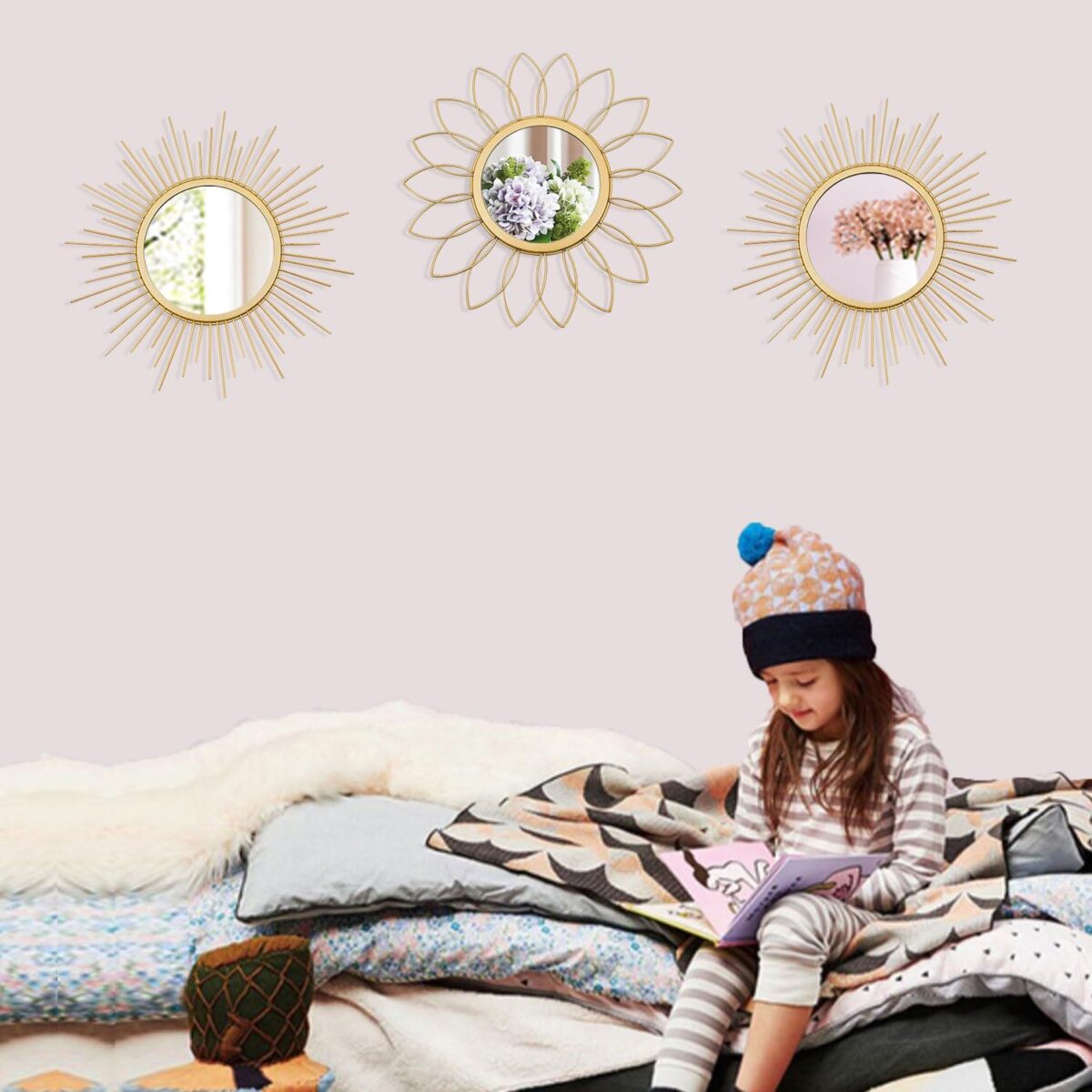 3 Pack Metal Mirrors for Wall Sunburst Wall Mirrors Home Décor Decorative Hanging Wall Art for Living Room Bedroom Entryway (Gold, Flower+Sunburst) - Image 4