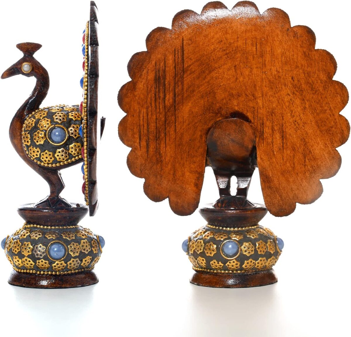 Wooden Dancing Peacock Traditional Indian Rajasthani Home Decoration Table Décor Showpiece & Gifting (Brown Studded Peacock) - Image 4