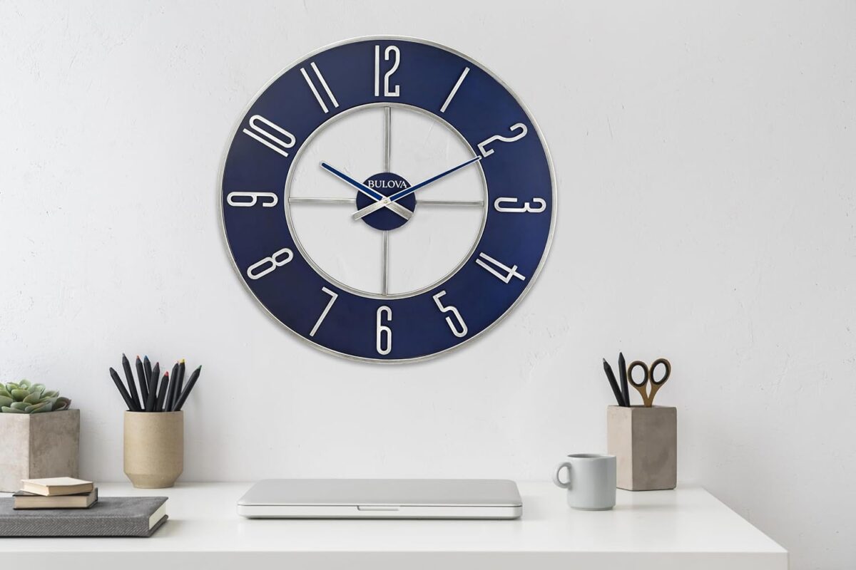 Bulova Blue Steel Oversize Wall Clock |Model C4809, 27" Diameter | Sleek Silver and Blue Finish | Contemporary Design | Battery Operated - Image 7