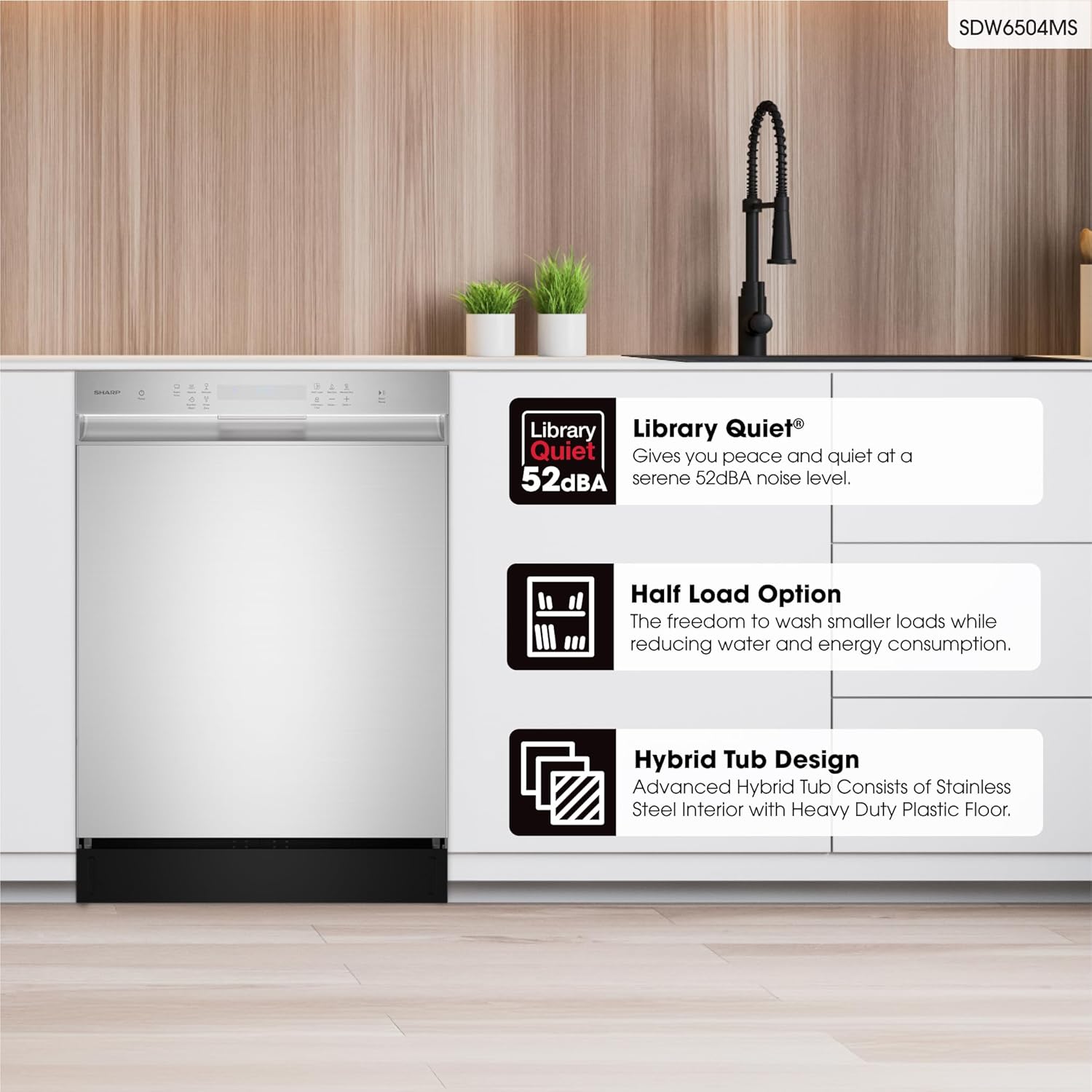 1759520773_Sharp-SDW6504MS-Stainless-Steel-Dishwasher-24-inch-Pocket-Handle-52-dB-Hybrid-Tub-12-Place-Settings-5-Cycles-Heated-Dry.jpg Sharp SDW6504MS Stainless Steel Dishwasher, 24-inch Pocket Handle, 52 dB, Hybrid Tub, 12 Place Settings, 5 Cycles, Heated Dry - Image 3