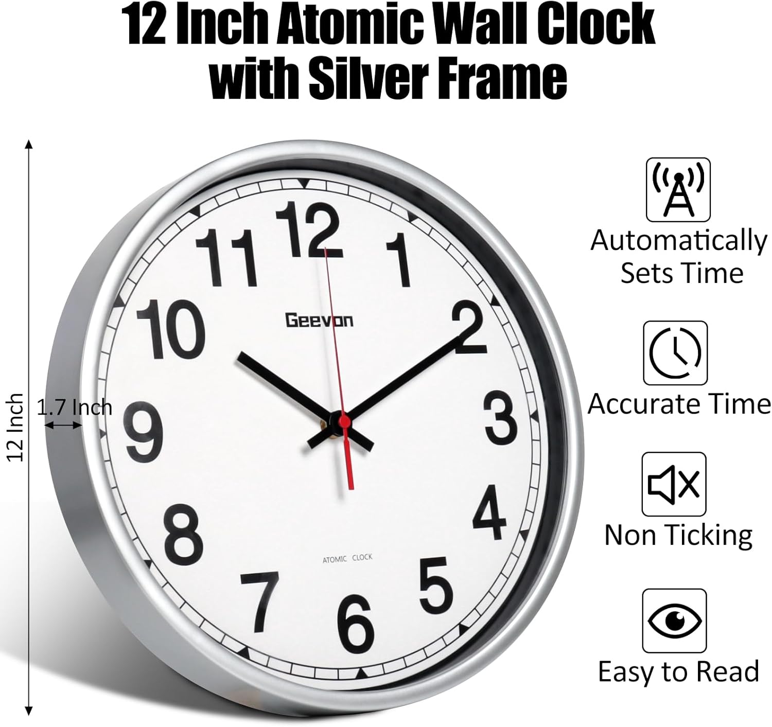 1759520872_Geevon-12-Inch-Atomic-Wall-Clock-Self-Setting-Analog-Clock-with-Automatic-Time-Sync-Battery-Operated-for-Home-Office-School-Silver-Frame.jpg Geevon 12 Inch Atomic Wall Clock - Self-Setting Analog Clock with Automatic Time Sync - Battery Operated for Home Office School - Silver Frame - Image 3