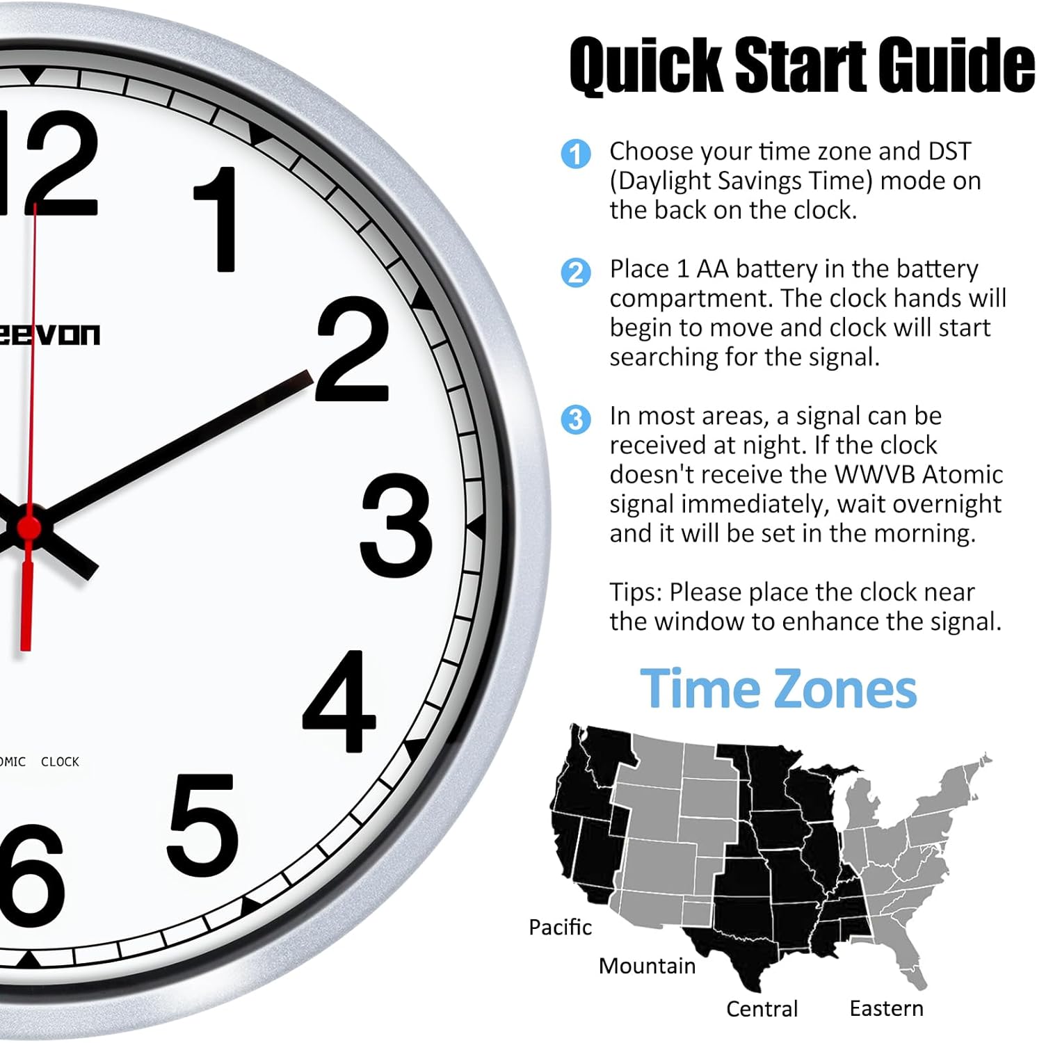 1759520879_Geevon-12-Inch-Atomic-Wall-Clock-Self-Setting-Analog-Clock-with-Automatic-Time-Sync-Battery-Operated-for-Home-Office-School-Silver-Frame.jpg Geevon 12 Inch Atomic Wall Clock - Self-Setting Analog Clock with Automatic Time Sync - Battery Operated for Home Office School - Silver Frame - Image 7
