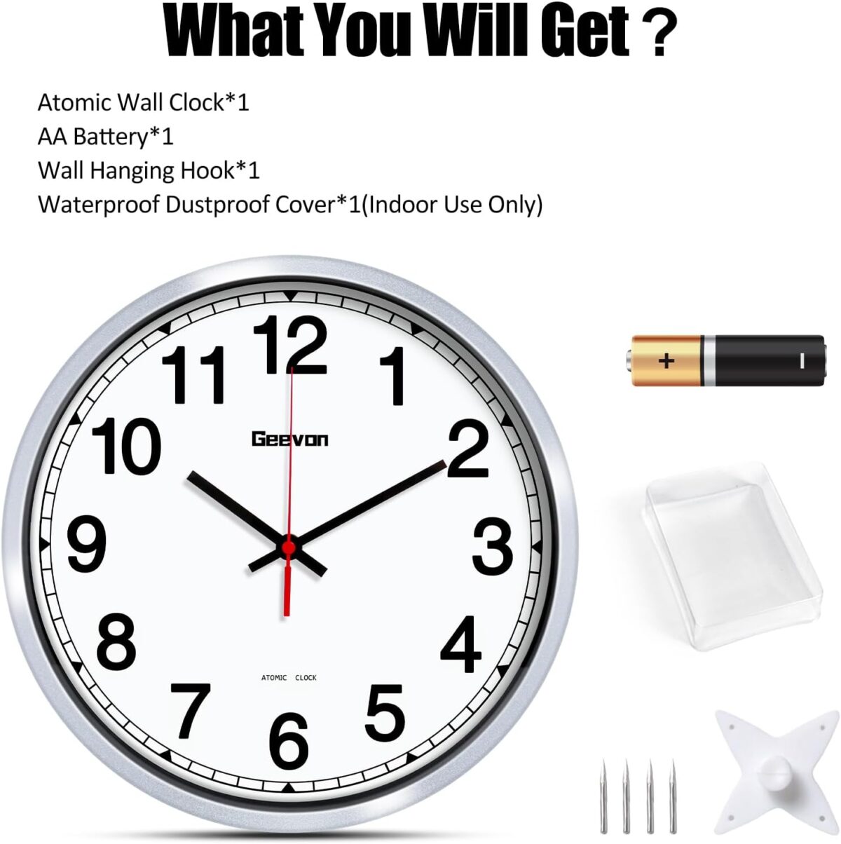 Geevon 12 Inch Atomic Wall Clock - Self-Setting Analog Clock with Automatic Time Sync - Battery Operated for Home Office School - Silver Frame - Image 8