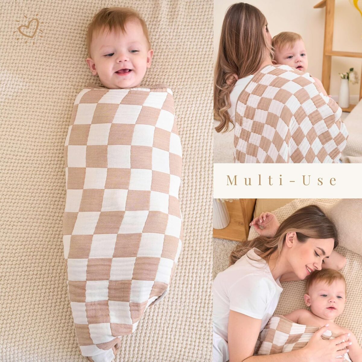Ultra Soft Muslin Baby Blanket,A Versatile Swaddle and Bed Blanket for Babies, Toddlers, Boys, and Girls (1 Coffee Checkered 1 Pack). - Image 5