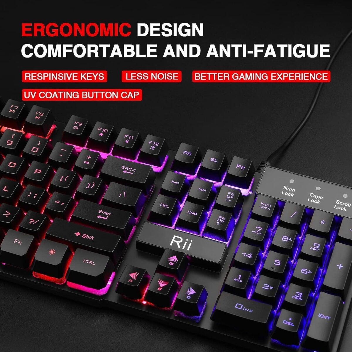Rii RK100+ Multiple Color Rainbow LED Backlit Large Size USB Wired Mechanical Feeling Multimedia PC Gaming Keyboard,Office Keyboard for Working or Primer Gaming,Office Device - Image 3