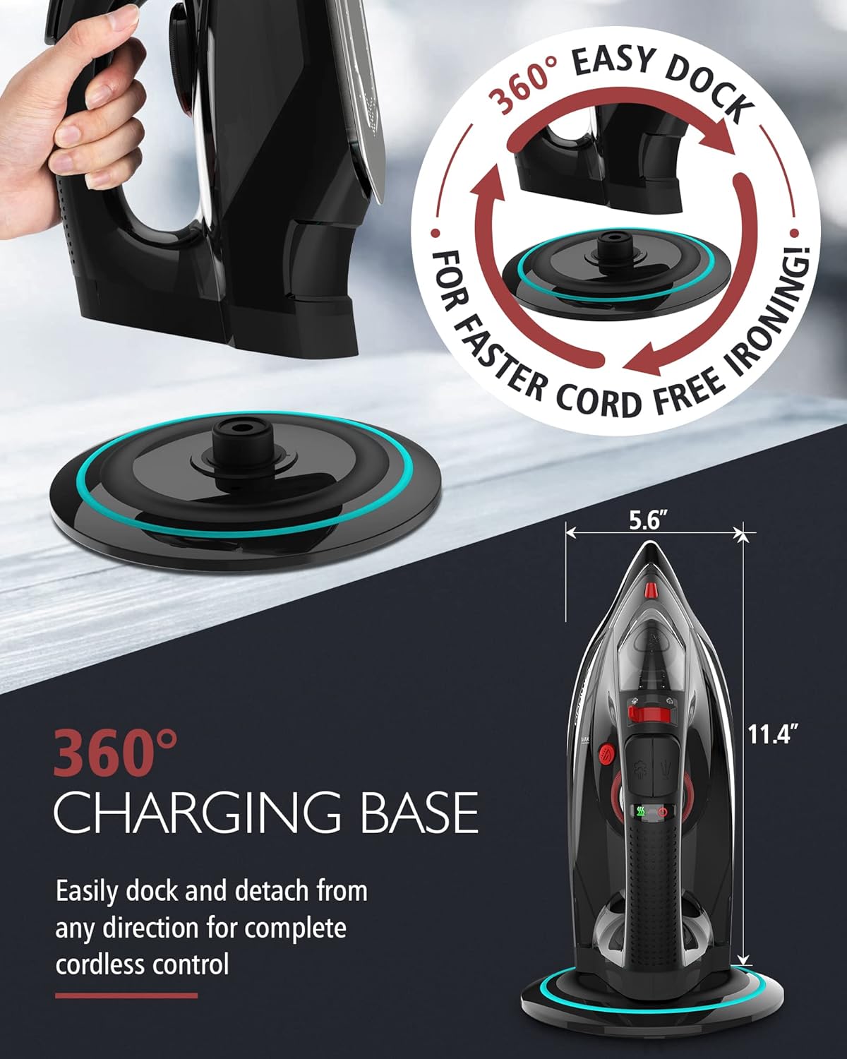 1759689658_Cordless-Iron-for-Clothes-1500W-Steam-Iron-Rapid-Heating-Non-Stick-Ceramic-Soleplate-Auto-Shut-Off-Burst-of-Steam-Self-Clean-Anti-Drip-3-Temperature-Settings-11.84oz-Water-Tank-Black.jpg Cordless Iron for Clothes, 1500W Steam Iron Rapid Heating, Non-Stick Ceramic Soleplate, Auto Shut Off, Burst of Steam, Self-Clean, Anti Drip, 3 Temperature Settings, 11.84oz Water Tank, Black - Image 4