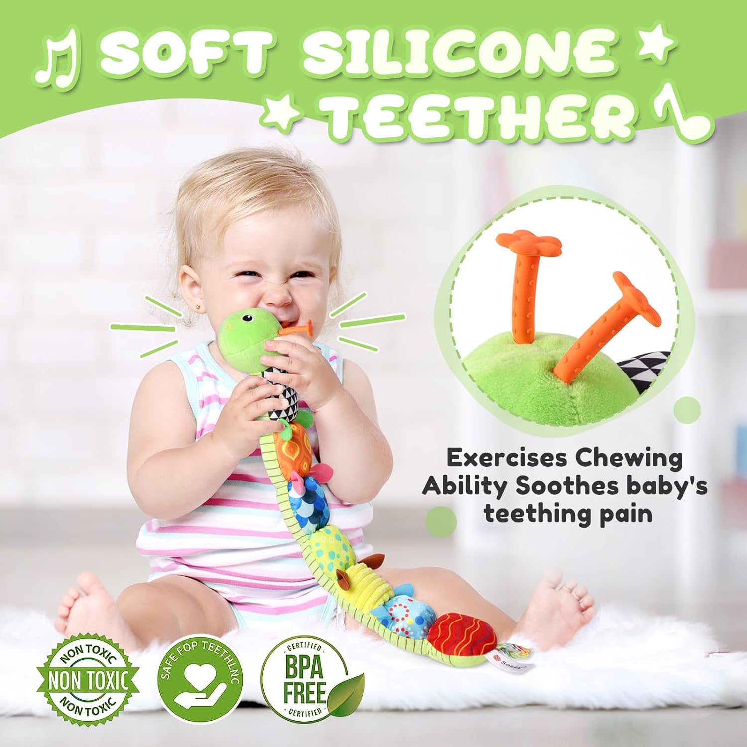 1759690748_Baby-Toys-0-to-12-Months-Musical-Stuffed-Animal-Activity-Soft-Toys-with-Multi-Sensory-Crinkle-Rattle-and-Textures-Infant-Tummy-Time-Toys-for-Newborn-Boys-Girls-Caterpillar-Green.jpg Baby Toys 0 to 12 Months, Musical Stuffed Animal Activity Soft Toys with Multi-Sensory Crinkle, Rattle and Textures, Infant Tummy Time Toys for Newborn Boys Girls, Caterpillar, Green - Image 5