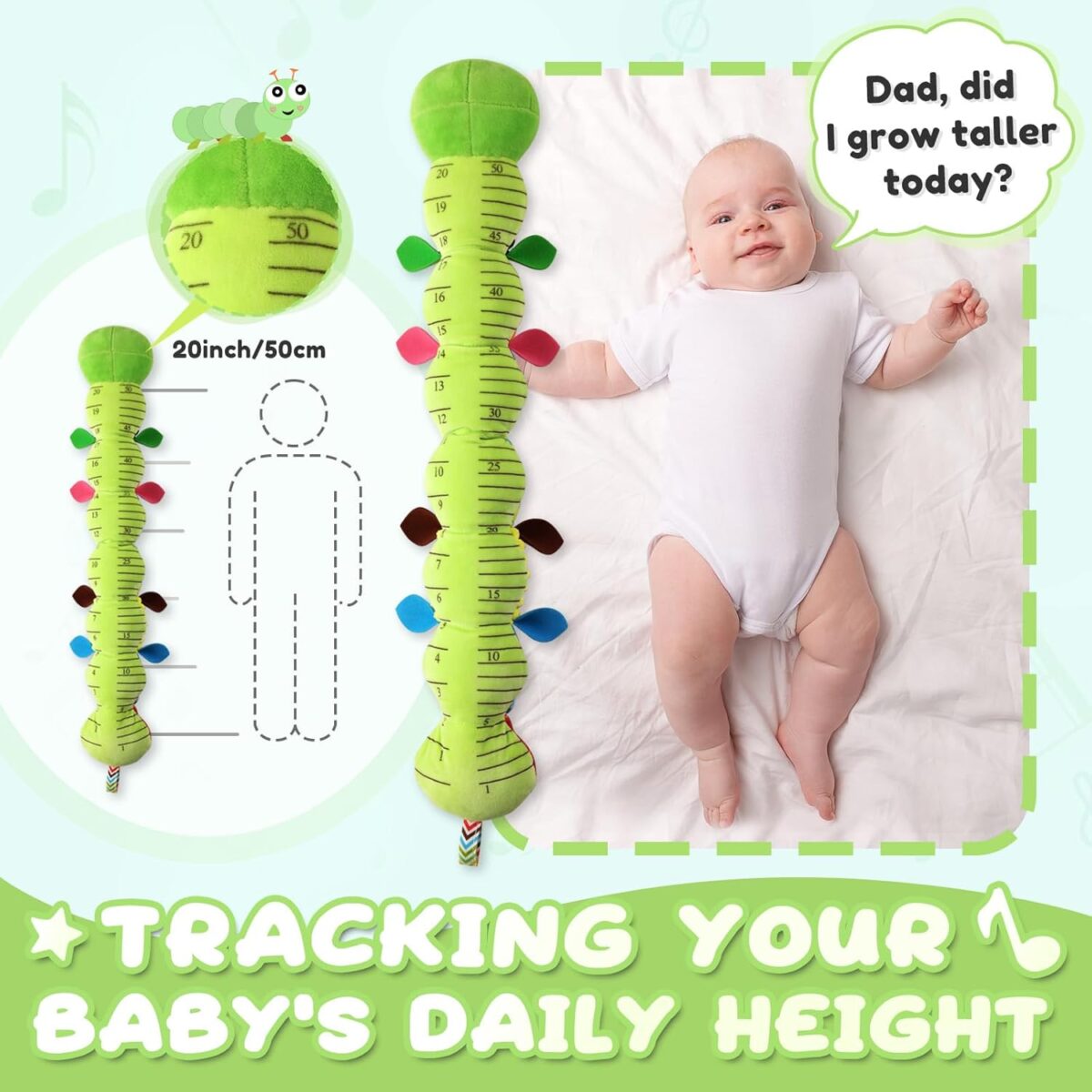 Baby Toys 0 to 12 Months, Musical Stuffed Animal Activity Soft Toys with Multi-Sensory Crinkle, Rattle and Textures, Infant Tummy Time Toys for Newborn Boys Girls, Caterpillar, Green - Image 6