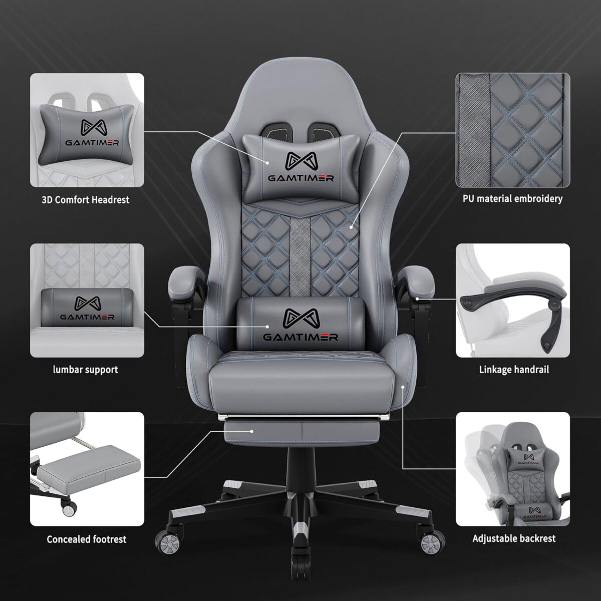 Gaming Chair, 400 lbs Adult Chair, High Back Computer Chair with Footrest and Linked Armrests, Office Video Game Chair with Lumbar Support (Grey) - Image 5