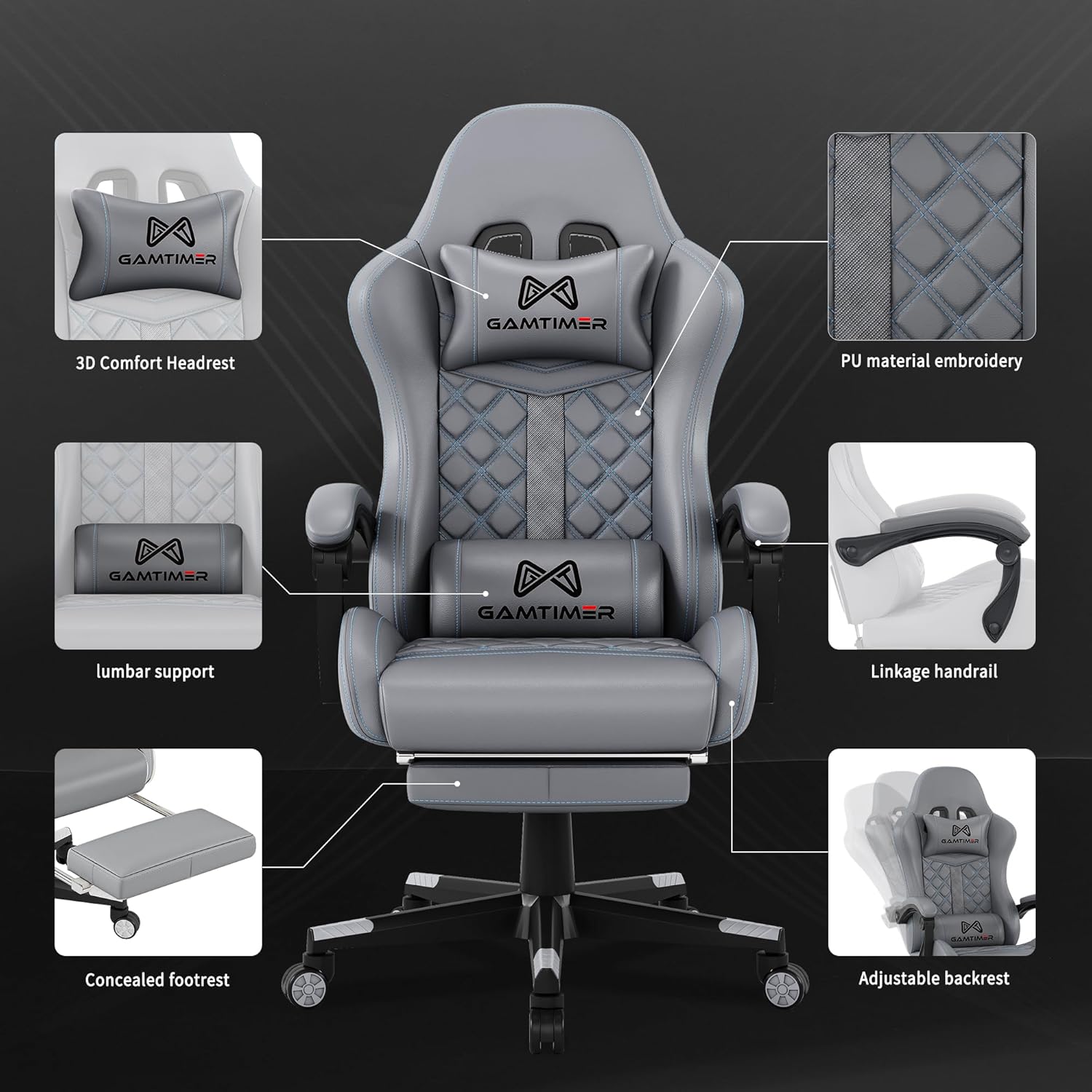 1759692647_Gaming-Chair-400-lbs-Adult-Chair-High-Back-Computer-Chair-with-Footrest-and-Linked-Armrests-Office-Video-Game-Chair-with-Lumbar-Support-Grey.jpg Gaming Chair, 400 lbs Adult Chair, High Back Computer Chair with Footrest and Linked Armrests, Office Video Game Chair with Lumbar Support (Grey) - Image 5