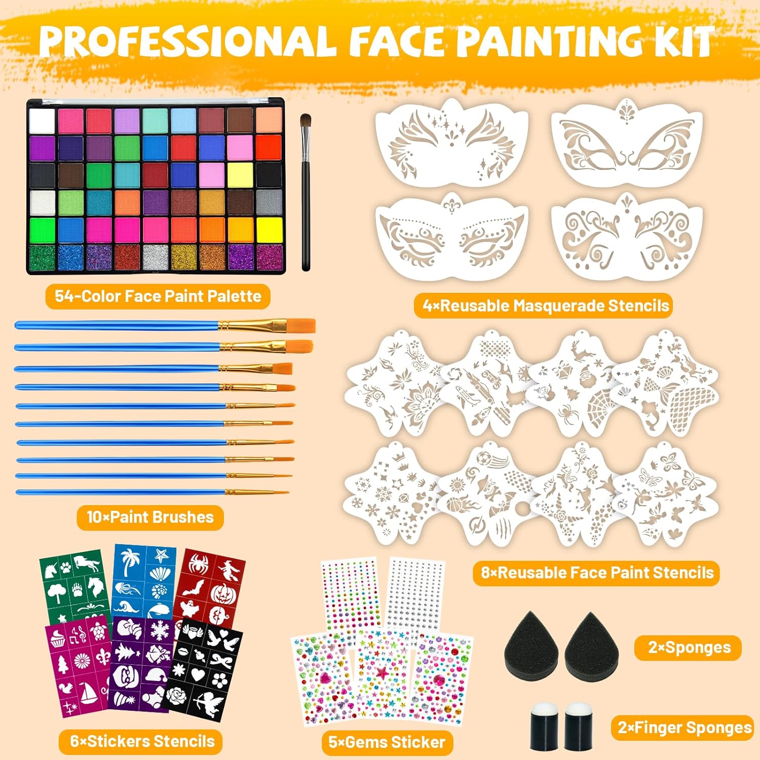 1759693161_54-Colors-Face-Painting-Kit-for-Kids-Non-Toxic-Water-Activated-Face-Paint-Palette-Facepaint-Makeup-Kit-with-Brushes-Stencils-Gems-for-Festivals-Halloween-Carnival-Birthday-Parties.jpg 54 Colors Face Painting Kit for Kids, Non-Toxic Water Activated Face Paint Palette, Facepaint Makeup Kit with Brushes, Stencils, Gems, for Festivals, Halloween, Carnival, Birthday Parties - Image 6
