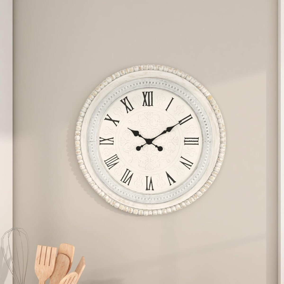 Deco 79 Wood Carved Beading Wall Clock, 22" x 1" x 22", White - Image 10
