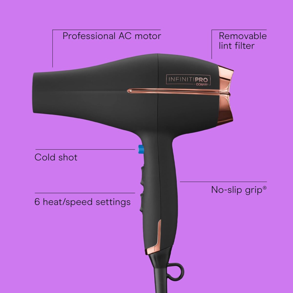 INFINITI PRO by CONAIR Hair Dryer, 1875W Blow Dryer with Diffuser and Concentrator, Ceramic Technology, 3 Heat & 2 Speed Settings, Cold Shot Button, Black - Image 3