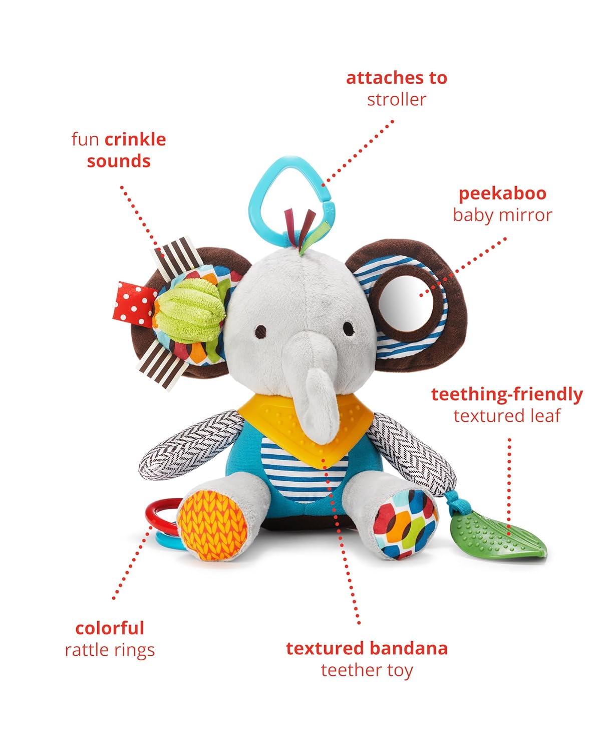 1759777218_Skip-Hop-Bandana-Buddies-Baby-Activity-and-Teething-Toy-with-Multi-Sensory-Rattle-and-Textures-Elephant.jpg Skip Hop Bandana Buddies Baby Activity and Teething Toy with Multi-Sensory Rattle and Textures, Elephant - Image 3