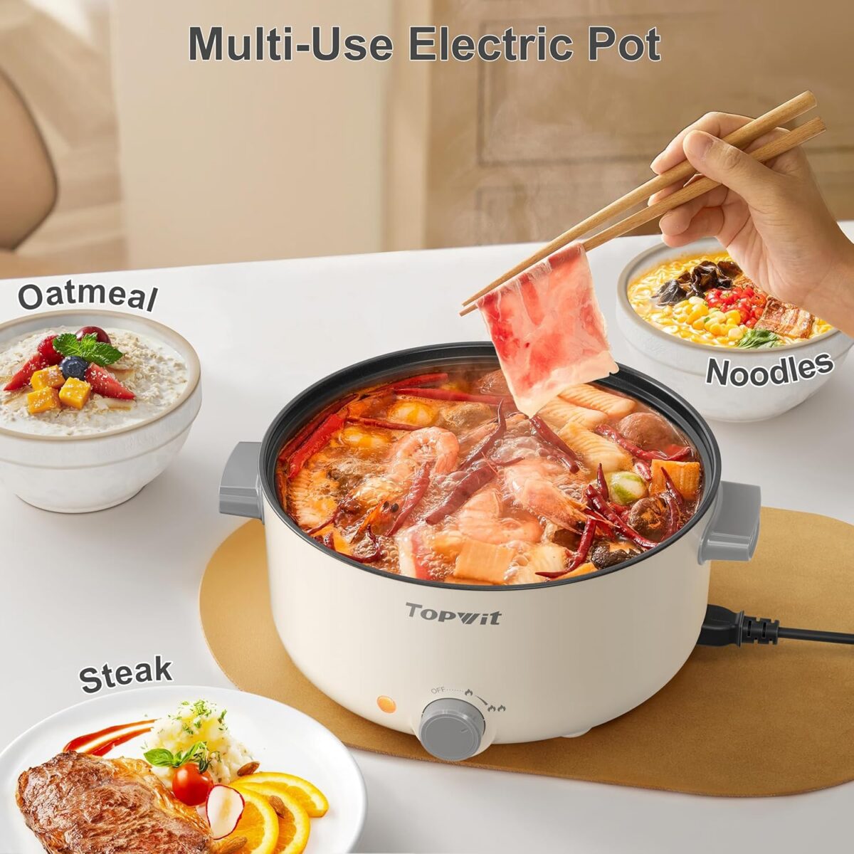 TOPWIT Electric Pot, 3L Hot Pot Electric, Rapid Noodles Cooker, Non-Stick Frying Pan, Multifunctional Electric Hot Pot for Steak, Egg, Ramen, Soup, Shabu Shabu Pot for Camping, RVs, Party, Beige - Image 5