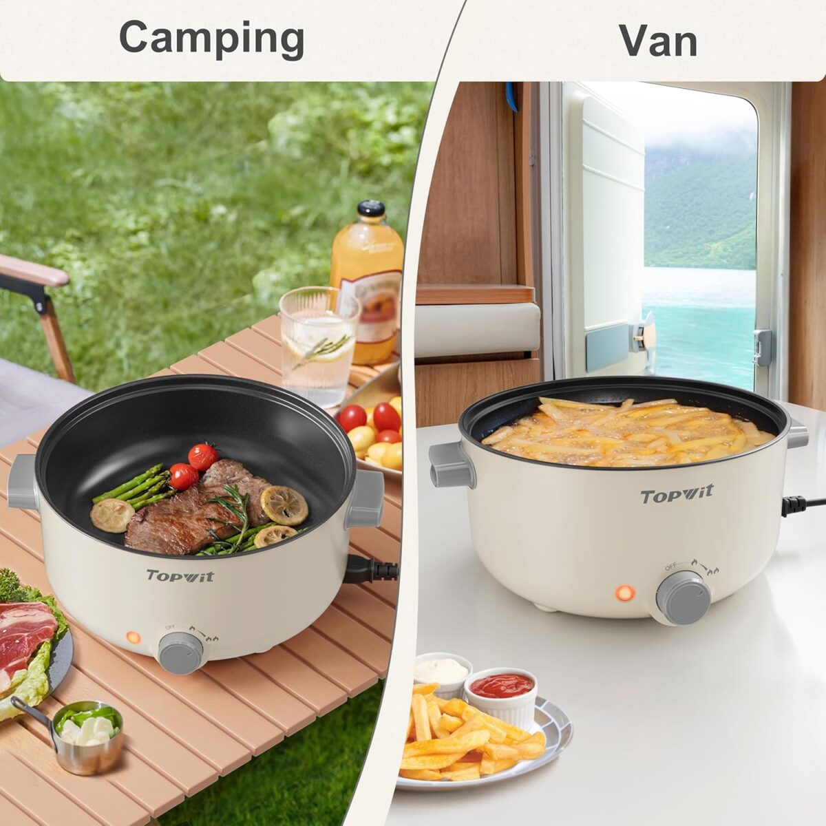 TOPWIT Electric Pot, 3L Hot Pot Electric, Rapid Noodles Cooker, Non-Stick Frying Pan, Multifunctional Electric Hot Pot for Steak, Egg, Ramen, Soup, Shabu Shabu Pot for Camping, RVs, Party, Beige - Image 6