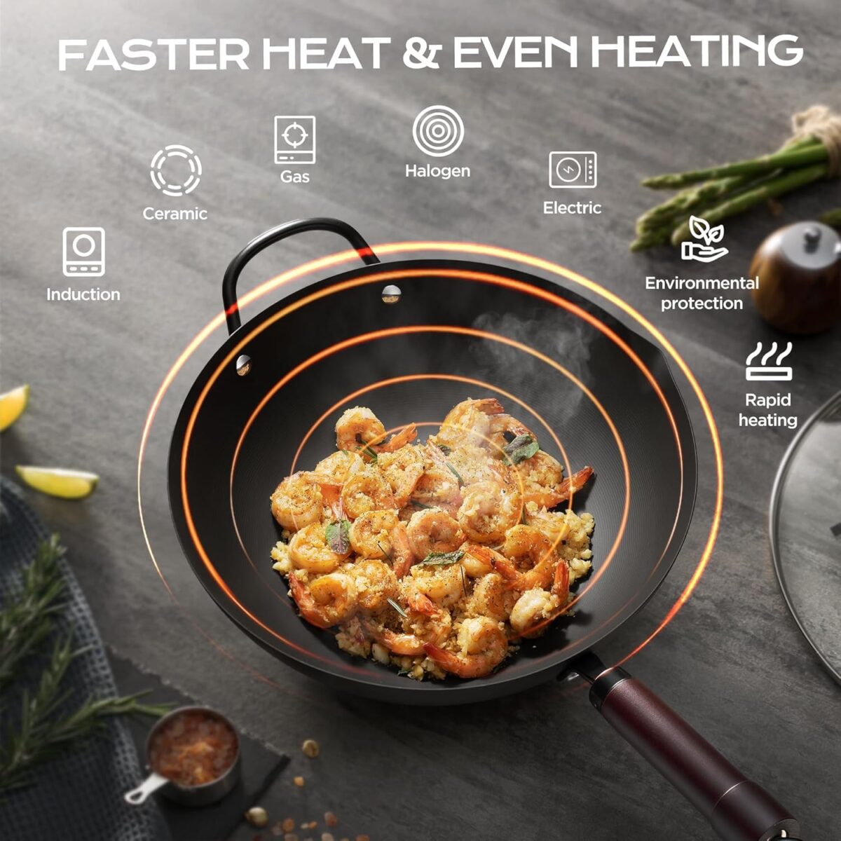 Wok, 13 Inch carbon steel woks & stir-fry pans nonstick, Pre-Seasoned 5.8QT Flat Bottom Chinese Wok Pan with lid, Carbon Steel Cookware, Compatible with All Cooktops - Image 4