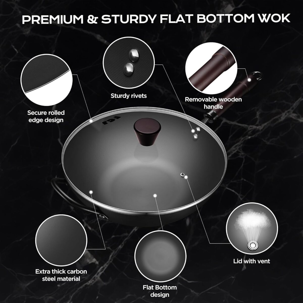 Wok, 13 Inch carbon steel woks & stir-fry pans nonstick, Pre-Seasoned 5.8QT Flat Bottom Chinese Wok Pan with lid, Carbon Steel Cookware, Compatible with All Cooktops - Image 5