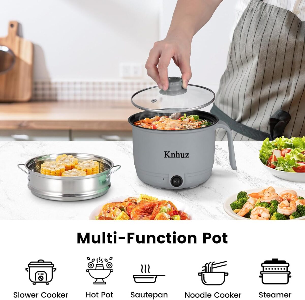 Hot Pot Electric With Steamer,Rapid Ramen Cooker,1.8L Mini Portable Self Heating Electric Pot For Cooking Noodles Steak Pasta,Shabu Shabu Hotpot Pot Electric Dorm Lazy Pot,Non-Stick Gray - Image 3