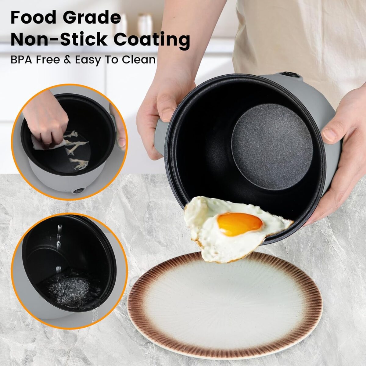 Hot Pot Electric With Steamer,Rapid Ramen Cooker,1.8L Mini Portable Self Heating Electric Pot For Cooking Noodles Steak Pasta,Shabu Shabu Hotpot Pot Electric Dorm Lazy Pot,Non-Stick Gray - Image 5
