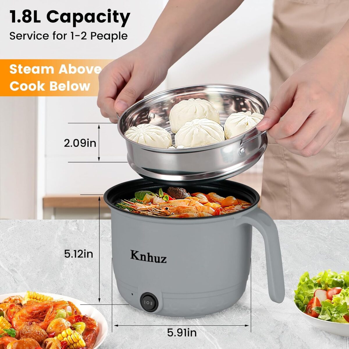 Hot Pot Electric With Steamer,Rapid Ramen Cooker,1.8L Mini Portable Self Heating Electric Pot For Cooking Noodles Steak Pasta,Shabu Shabu Hotpot Pot Electric Dorm Lazy Pot,Non-Stick Gray - Image 6