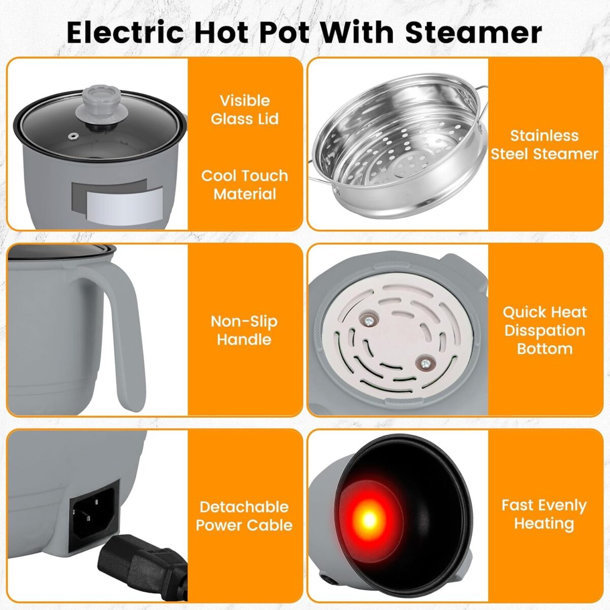 Hot Pot Electric With Steamer,Rapid Ramen Cooker,1.8L Mini Portable Self Heating Electric Pot For Cooking Noodles Steak Pasta,Shabu Shabu Hotpot Pot Electric Dorm Lazy Pot,Non-Stick Gray - Image 7