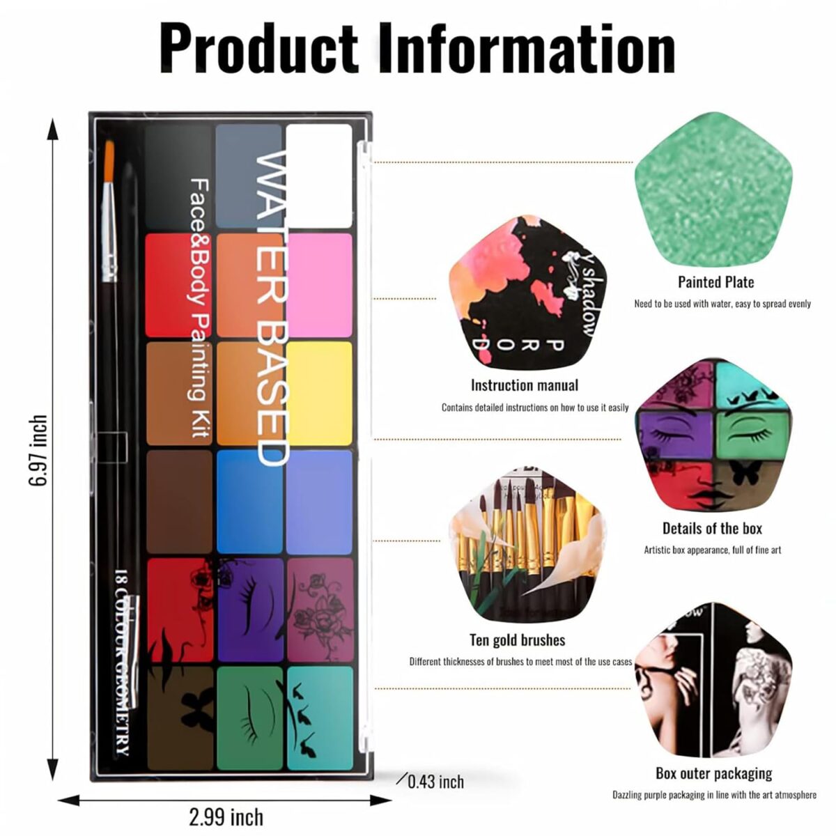 Face Painting Kit Non-toxic Body Paint Washable 18 Colors Facepaint Makeup Kit for Adults with 10 Face Paint Brushes for Halloween Party Cosplay Makeup (Color 001) - Image 4