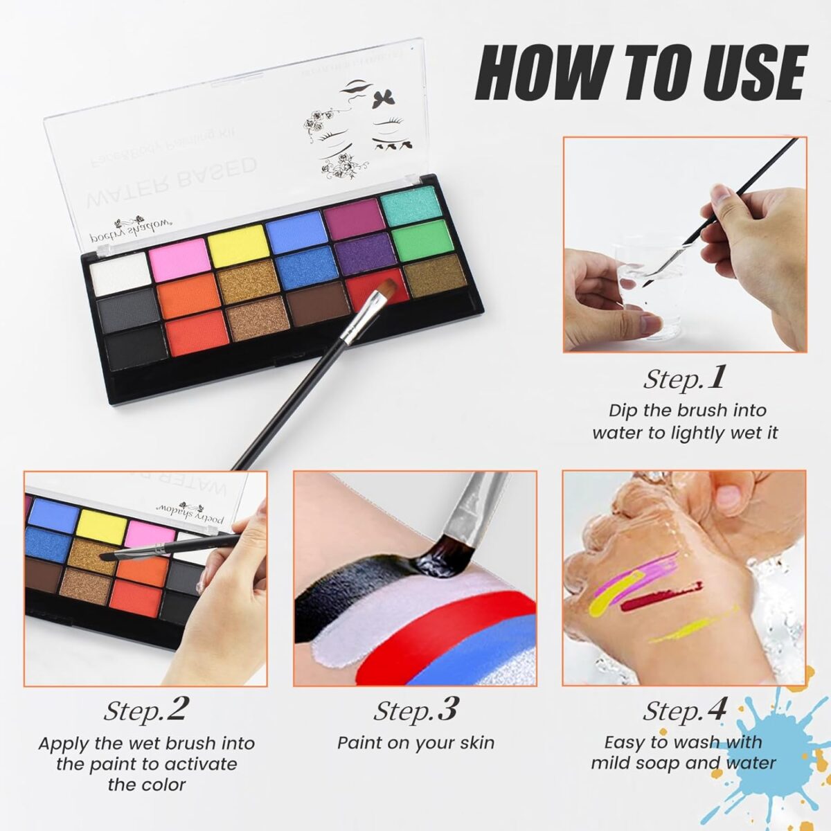 Face Painting Kit Non-toxic Body Paint Washable 18 Colors Facepaint Makeup Kit for Adults with 10 Face Paint Brushes for Halloween Party Cosplay Makeup (Color 001) - Image 5
