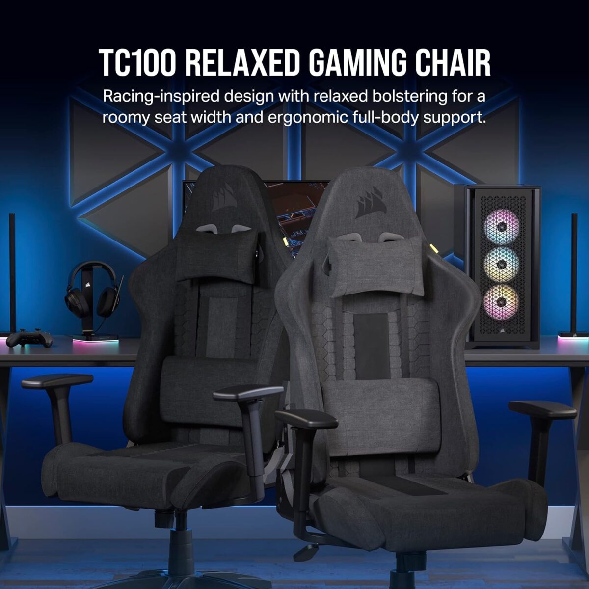 Corsair TC100 Relaxed Gaming Chair - Fabric - Racing-Inspired Design - Lumbar Pillow - Detachable Memory Foam Neck Pillow - Adjustable Seat Height - Adjustable Armrests - Gray and Black - Image 4