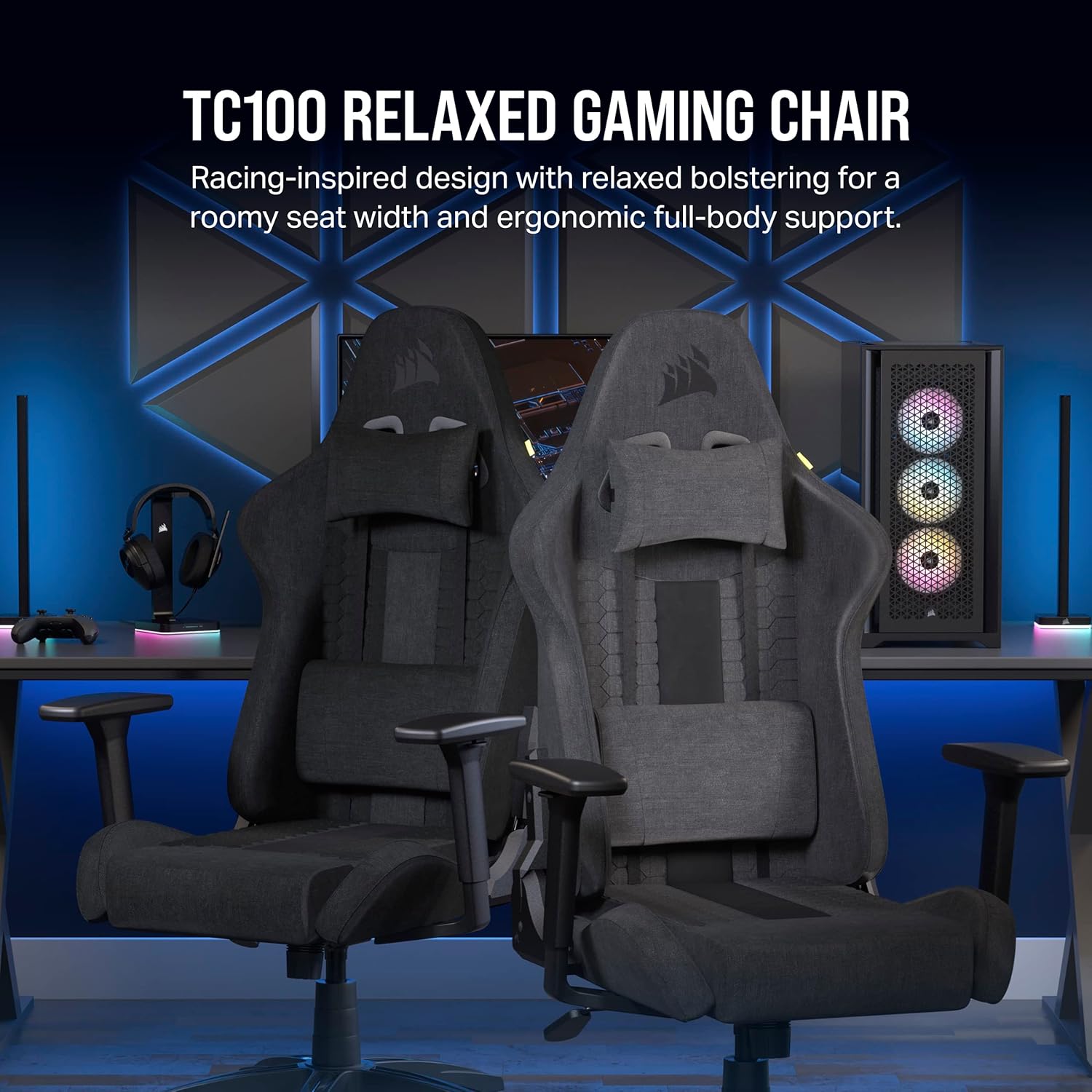 1759866730_Corsair-TC100-Relaxed-Gaming-Chair-Fabric-Racing-Inspired-Design-Lumbar-Pillow-Detachable-Memory-Foam-Neck-Pillow-Adjustable-Seat-Height-Adjustable-Armrests-Gray-and-Black.jpg Corsair TC100 Relaxed Gaming Chair - Fabric - Racing-Inspired Design - Lumbar Pillow - Detachable Memory Foam Neck Pillow - Adjustable Seat Height - Adjustable Armrests - Gray and Black - Image 4