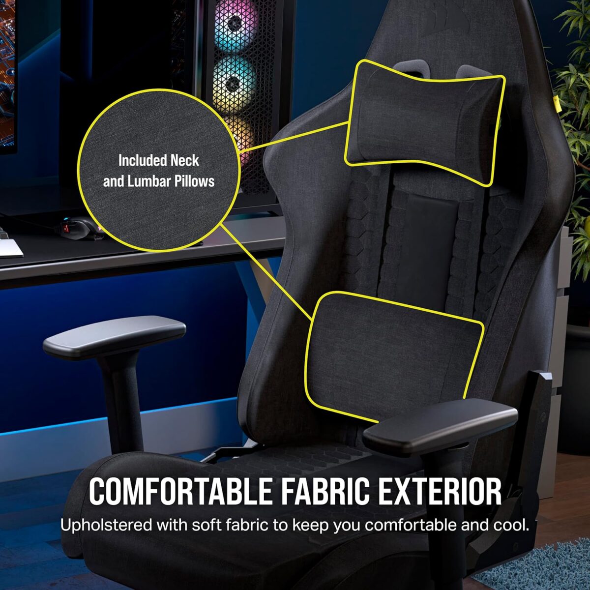 Corsair TC100 Relaxed Gaming Chair - Fabric - Racing-Inspired Design - Lumbar Pillow - Detachable Memory Foam Neck Pillow - Adjustable Seat Height - Adjustable Armrests - Gray and Black - Image 5