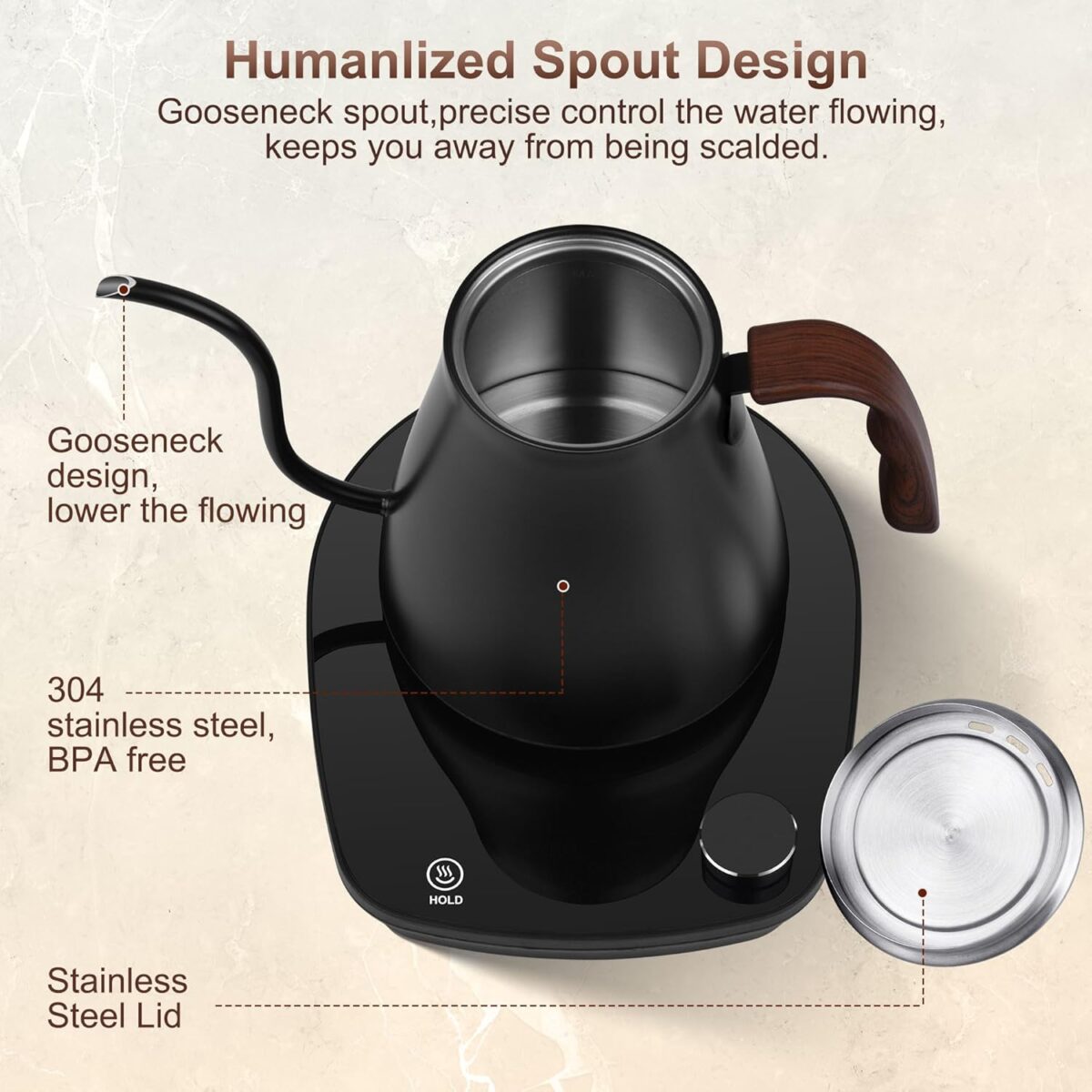 Gooseneck Electric Kettle, Intelligent Temperature Control, Stainless Steel Inner, Quick Heating, for Pour Over Coffee, Brew Tea, Boil Hot Water, 1000W 0.9L Black - Image 4