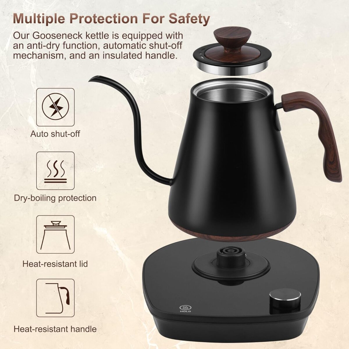 Gooseneck Electric Kettle, Intelligent Temperature Control, Stainless Steel Inner, Quick Heating, for Pour Over Coffee, Brew Tea, Boil Hot Water, 1000W 0.9L Black - Image 6