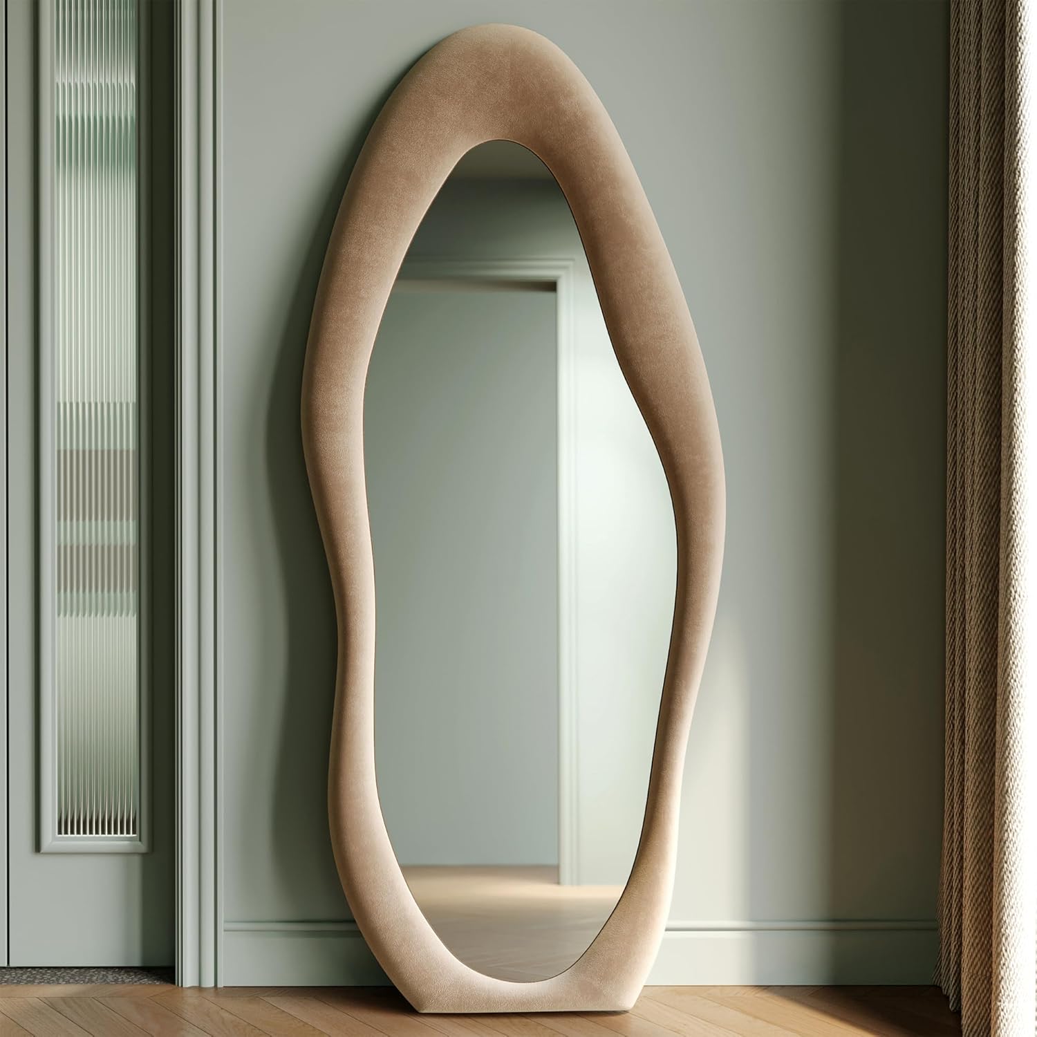 1759953859_Honyee-Full-Length-Mirror-63-x-24-Wall-Mirror-Flannel-Wrapped-Wooden-Frame-Floor-Mirror-Irregular-Wavy-Mirror-Hanging-or-Leaning-Against-Wall-for-CloakroomBedroomLiving-Room-Milk-Tea.jpg Honyee Full Length Mirror, 63" x 24" Wall Mirror, Flannel Wrapped Wooden Frame Floor Mirror, Irregular Wavy Mirror Hanging or Leaning Against Wall for Cloakroom/Bedroom/Living Room, Milk Tea - Image 3