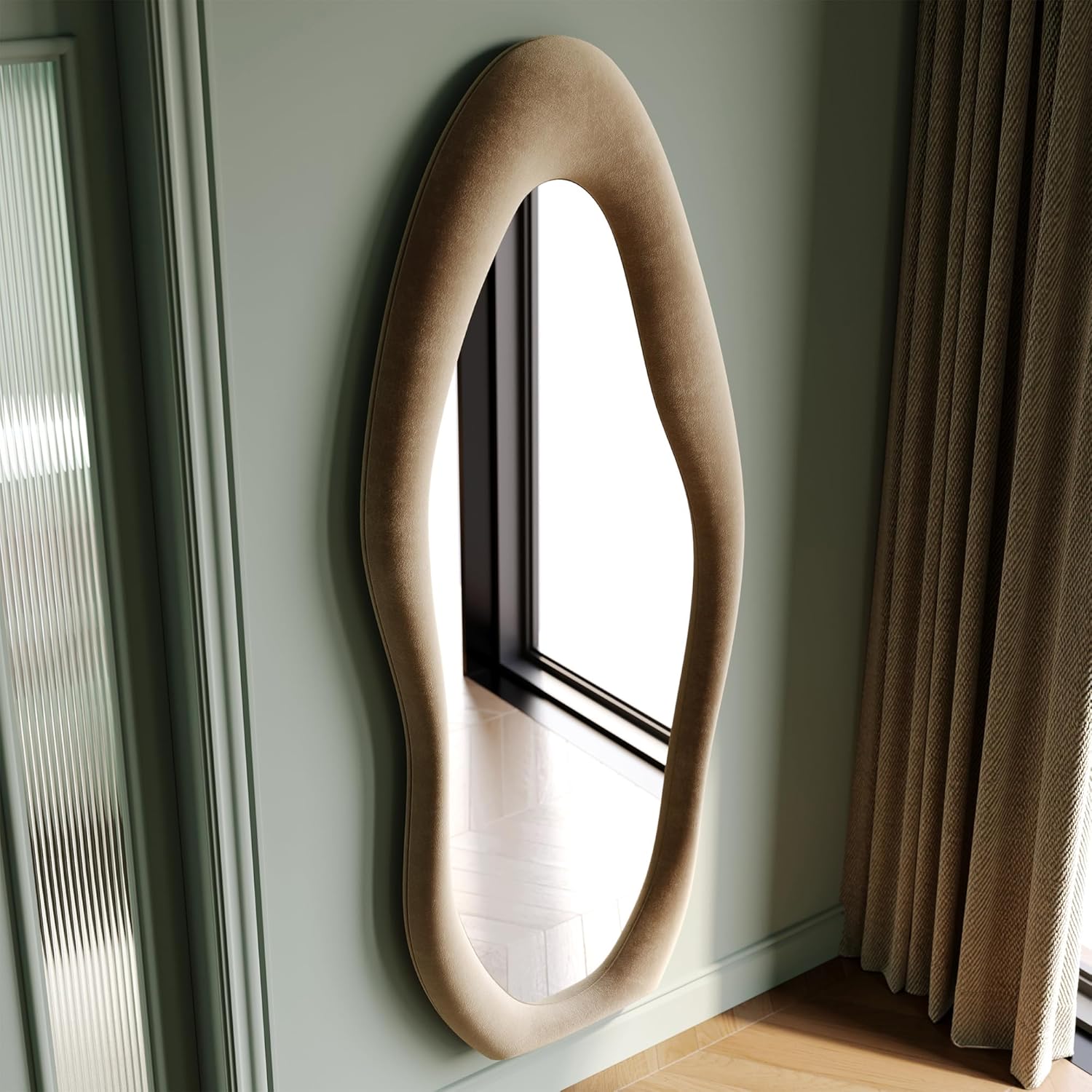 1759953860_Honyee-Full-Length-Mirror-63-x-24-Wall-Mirror-Flannel-Wrapped-Wooden-Frame-Floor-Mirror-Irregular-Wavy-Mirror-Hanging-or-Leaning-Against-Wall-for-CloakroomBedroomLiving-Room-Milk-Tea.jpg Honyee Full Length Mirror, 63" x 24" Wall Mirror, Flannel Wrapped Wooden Frame Floor Mirror, Irregular Wavy Mirror Hanging or Leaning Against Wall for Cloakroom/Bedroom/Living Room, Milk Tea - Image 4