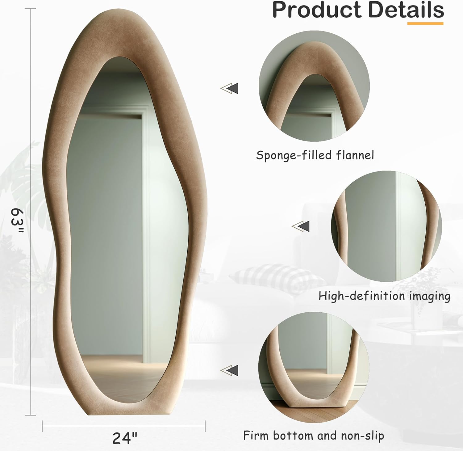 1759953864_Honyee-Full-Length-Mirror-63-x-24-Wall-Mirror-Flannel-Wrapped-Wooden-Frame-Floor-Mirror-Irregular-Wavy-Mirror-Hanging-or-Leaning-Against-Wall-for-CloakroomBedroomLiving-Room-Milk-Tea.jpg Honyee Full Length Mirror, 63" x 24" Wall Mirror, Flannel Wrapped Wooden Frame Floor Mirror, Irregular Wavy Mirror Hanging or Leaning Against Wall for Cloakroom/Bedroom/Living Room, Milk Tea - Image 6