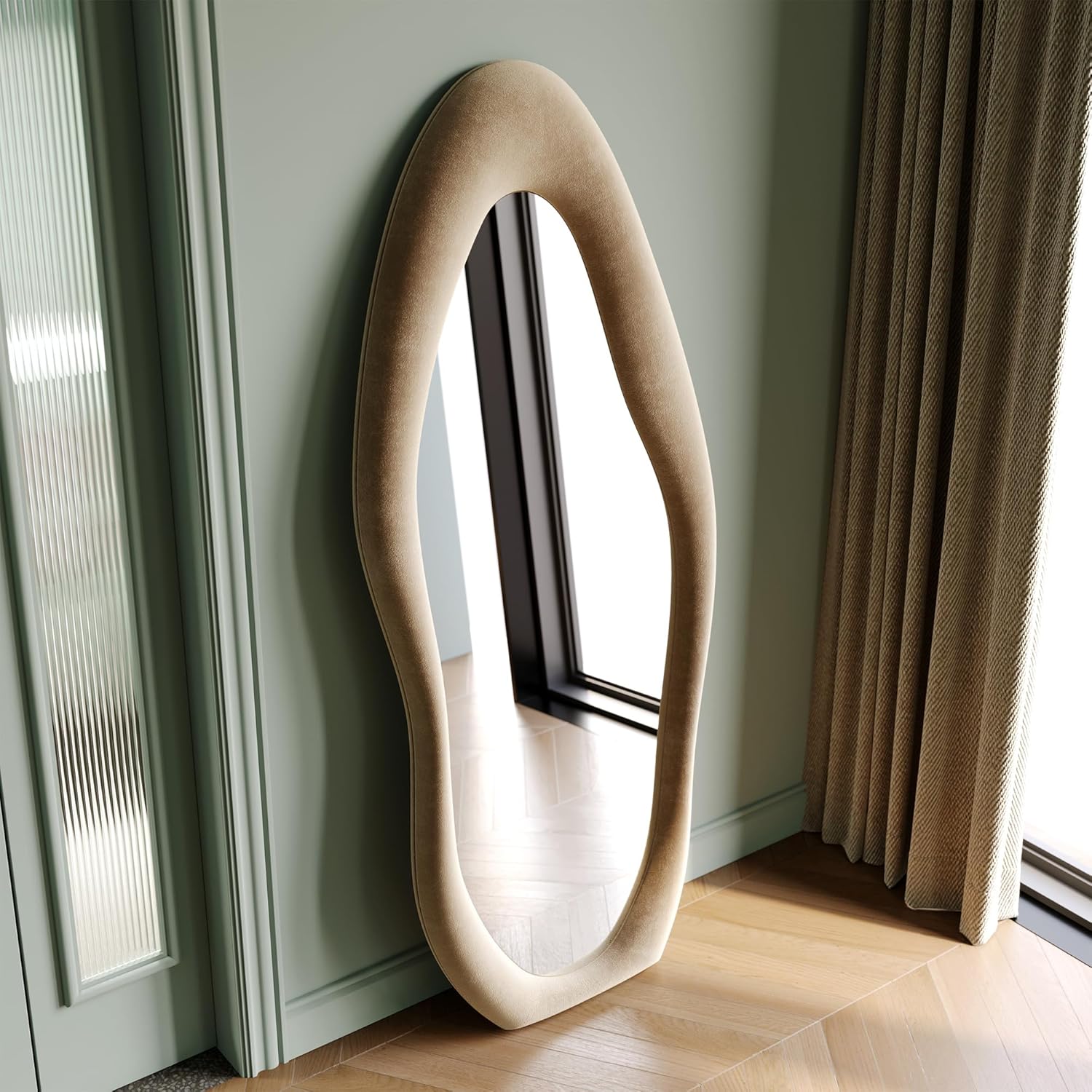1759953868_Honyee-Full-Length-Mirror-63-x-24-Wall-Mirror-Flannel-Wrapped-Wooden-Frame-Floor-Mirror-Irregular-Wavy-Mirror-Hanging-or-Leaning-Against-Wall-for-CloakroomBedroomLiving-Room-Milk-Tea.jpg Honyee Full Length Mirror, 63" x 24" Wall Mirror, Flannel Wrapped Wooden Frame Floor Mirror, Irregular Wavy Mirror Hanging or Leaning Against Wall for Cloakroom/Bedroom/Living Room, Milk Tea - Image 8
