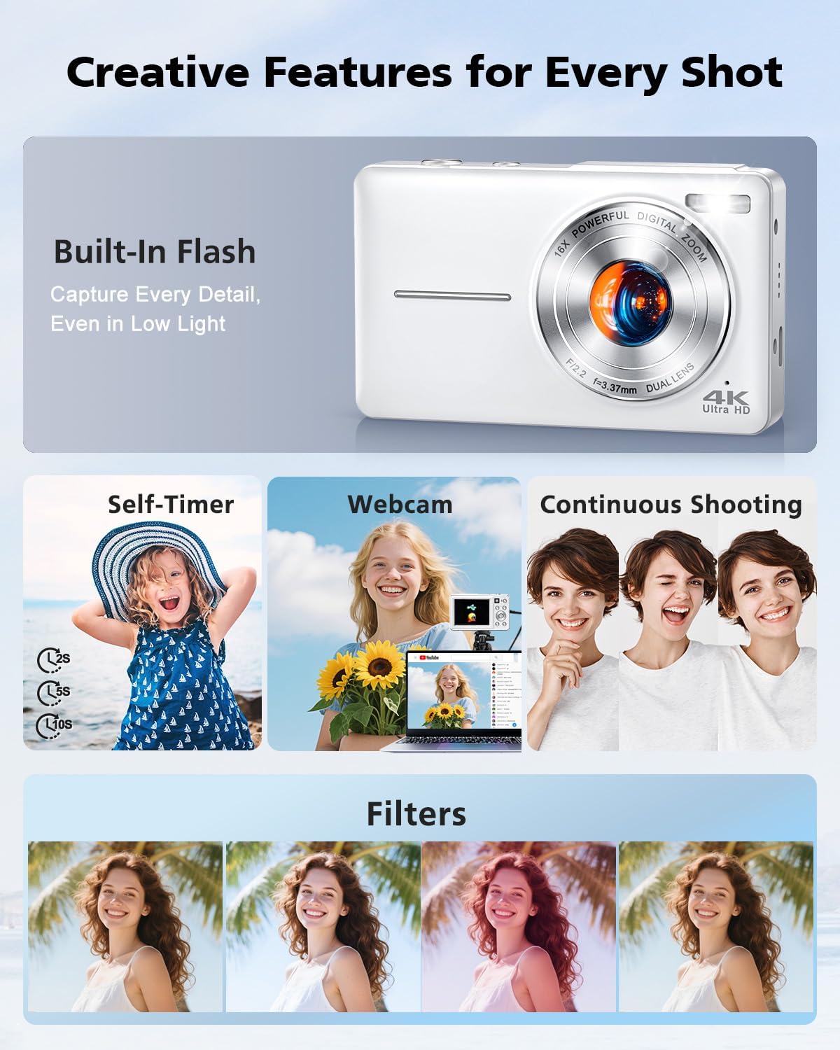 1759956802_4K-Digital-Camera-64MP-Autofocus-Vlogging-Camera-with-Front-Rear-Lens-Flash-16X-Zoom-Anti-Shake-32GB-Card-Compact-Point-Shoot-Camera-for-Teens-Adult-Beginner-Travel-PhotographyWhite.jpg 4K Digital Camera, 64MP Autofocus Vlogging Camera with Front Rear Lens, Flash, 16X Zoom, Anti-Shake, 32GB Card, Compact Point Shoot Camera for Teens Adult Beginner Travel Photography(White) - Image 7