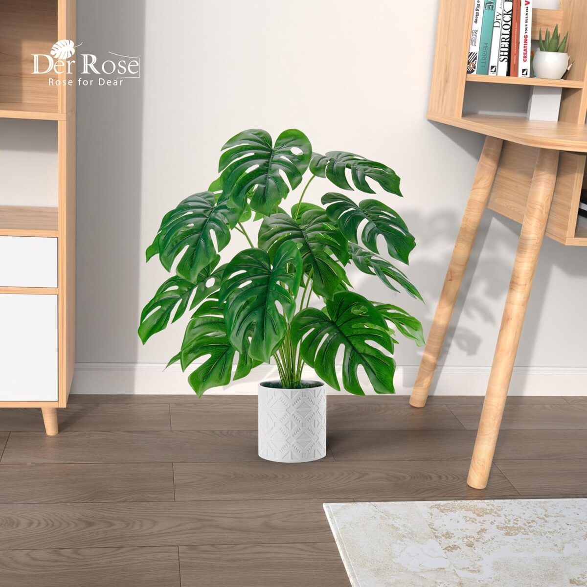 Der Rose Artificial Plants Indoor Large 28'' Fake Monstera Faux Potted Plants Indoor Tall for Home Farmhouse Bedroom Living Room Decor - Image 3