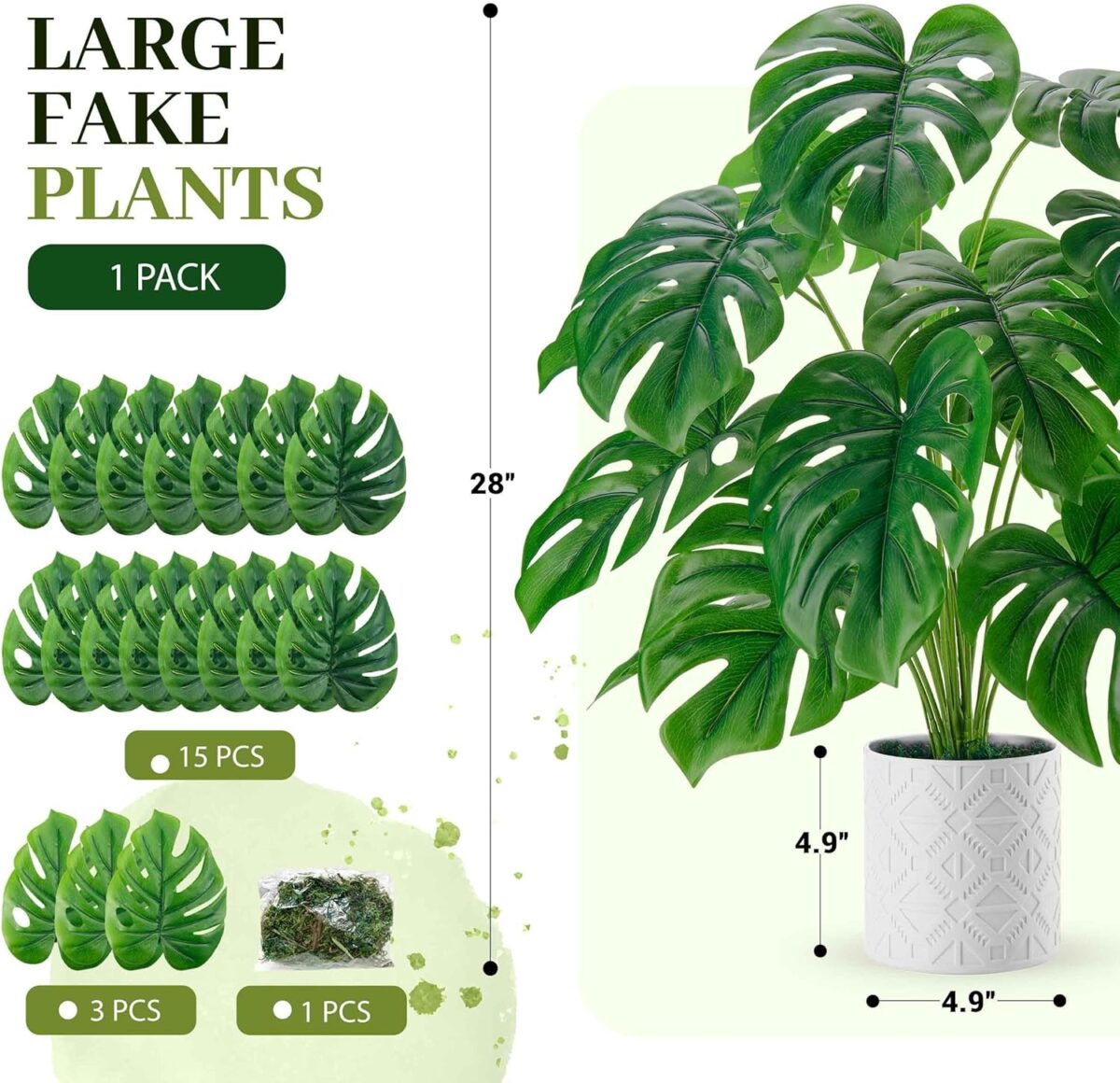 Der Rose Artificial Plants Indoor Large 28'' Fake Monstera Faux Potted Plants Indoor Tall for Home Farmhouse Bedroom Living Room Decor - Image 4
