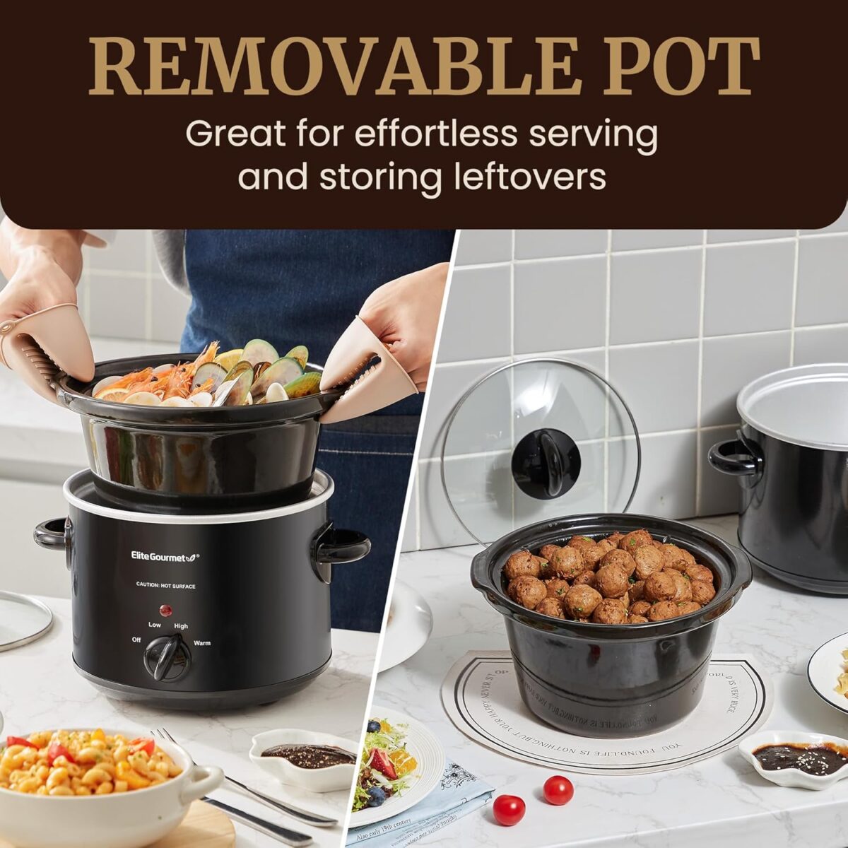 Elite Gourmet MST-350B Electric Slow Cooker, Adjustable Temp, Entrees, Sauces, Stews & Dips, Dishwasher Safe Glass Lid & Crock (3 Quart, Black) - Image 9