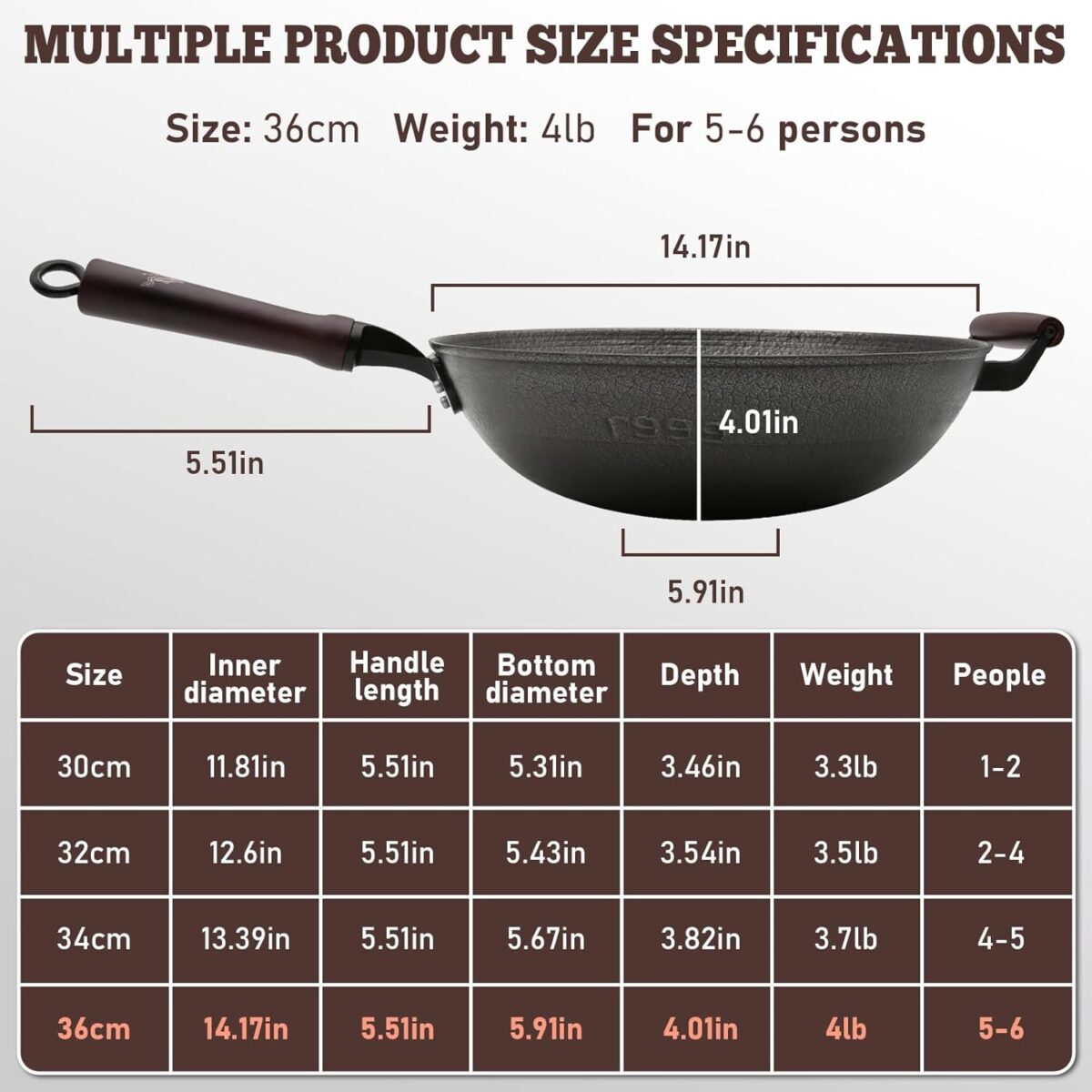 HONGJIANG Cast Iron Wok Pan, 14.2" Pre-Seasoned Flat Bottom Wok,Coating-Free Wok Stir Fry Pan With Glass Lid,Compatible Traditional Chinese Wok For Induction, Electric, Gas,Open Fire - Image 3