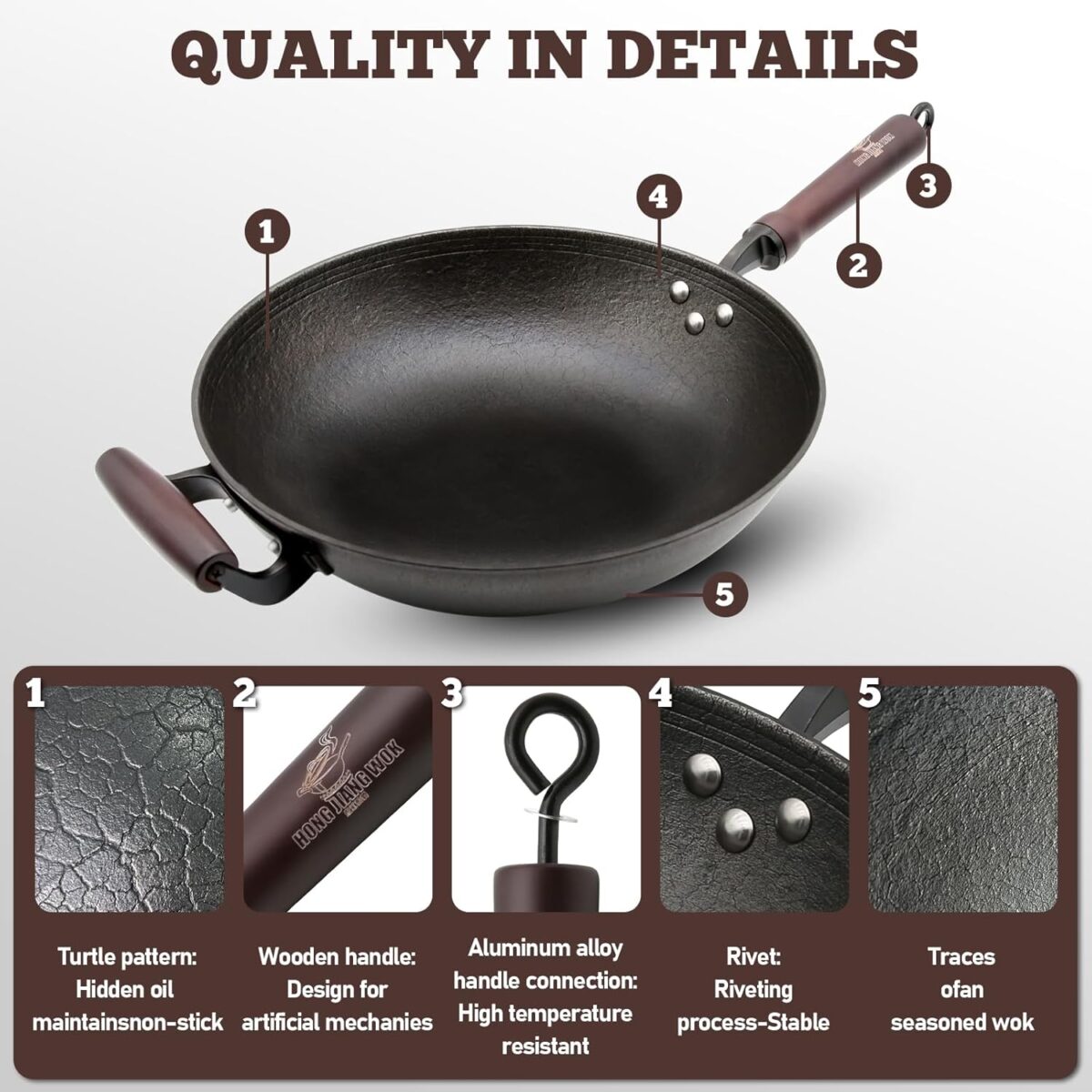 HONGJIANG Cast Iron Wok Pan, 14.2" Pre-Seasoned Flat Bottom Wok,Coating-Free Wok Stir Fry Pan With Glass Lid,Compatible Traditional Chinese Wok For Induction, Electric, Gas,Open Fire - Image 4